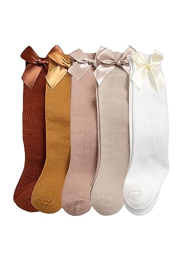 OYOANGLE Girl's 5 Pairs Bow Front Over the Calf Sock Ruffle Trim Knee High Socks Brown Khaki White 11-14Y