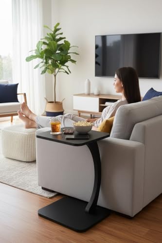 Image of Modern C-Shaped Wooden Sofa Side Table for Living Room | Multipurpose Laptop Table for Couch | Bedside Coffee Table | Space Saving Snack Table for Home & Office | Stylish Portable End Table (Black)