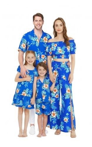 Image of Matchable Family Hawaiian Luau Men Women Girl Boy Clothes in Hibiscus Blue