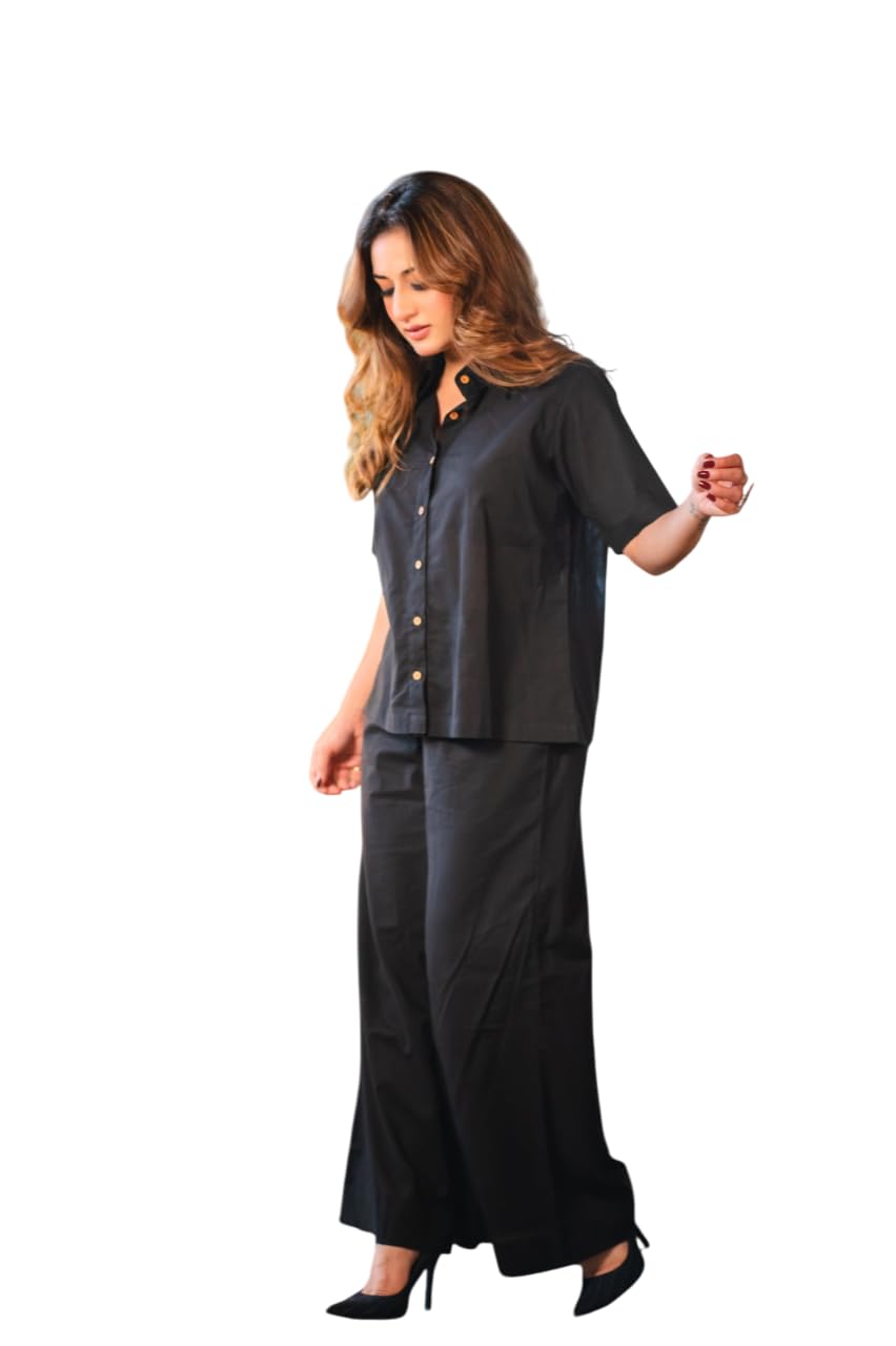 Women's Co-Ord Set | Half Sleeve Button-Down Shirt & Wide Leg Pants | Casual Cotton Co Ord Set | Lounge, Travel, Office Comfortable Wear-image-19
