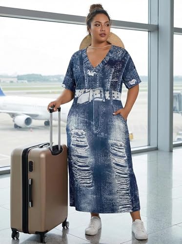 Image of SUZONANA Plus Size Denim Print Maxi Dresses for Women Casual V Neck Short Sleeve with Pockets Soft Jean Look Dress XL-6XL