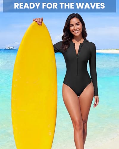 Image of Century Star UPF 50+ Long Sleeve Swimsuits for Women - Rash Guard Modest High Neck Surf One Piece Full Coverage Bathing Suit
