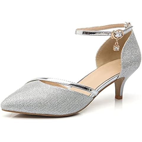 PPXID Women's Pointed Toe Ankle Strap Pumps Kitten Heel Dress Court Shoes Silver 5 UK Cover