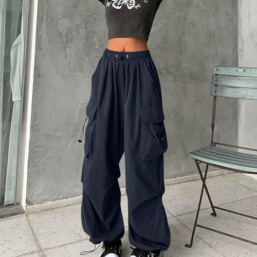 Parachute Pants Woman Y2K Fashion Baggy Cargo Pants Drawstring Elastic High Waist Streetwear Trousers with Pockets2