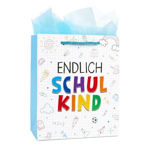 COMOOKA Einschulung Geschenk Verpackung 25x21x10cm XL Geschenktüte Schulkind Tüte zum Schulanfang für Junge Mädchen Geschenktasche mit Henkel Papiertüten mit Griff Schultüte 1. Klasse