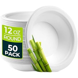 Paper Bowls 12oz, Disposable Bowls Heavy Duty Microwave Safe for Dinner Hot Soup, Compostable Eco Friendly Sugarcane White Bowl Bulk for Cereal Snacks, 50 Count Ideal for Camping