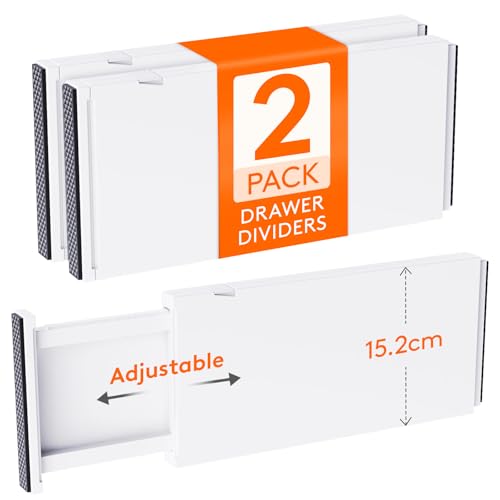 Lifewit 2 Pezzi Divisori per Cassetti, Regolabili Separatori per Cassetti 34-56 cm Alti 15 cm Plastica Organizer Cassetti per Cucina Bagno Armadio Biancheria per Calzini Mutande, Bianco