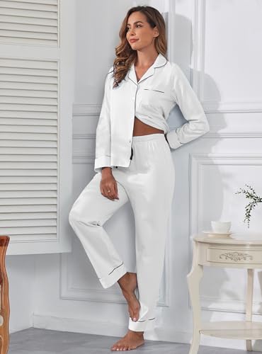 Image of Veseacky 100% Cotton Women's Pajama Set Long Sleeve Button Down Sleepwear Soft Pjs Lounge Sets Nightwear Pjs XS-XXL