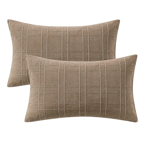 Image of MIULEE Decorative Linen Check Lumar Throw Pillow Covers Neutral Farmhouse Vintage Pillow Covers 12x20 Set of 2 Boho Modern Winter Home Decor for Sofa Couch Bedroom Cushion Light Brown
