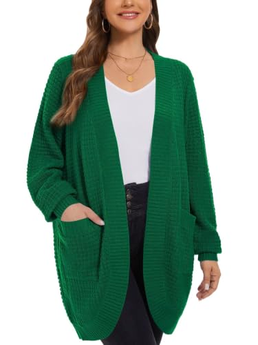 Image of LARACE Long Cardigans for Women Plus Size Tops Open Front Sweaters with Pockets Waffle Ribbed Sleeve Loose Fall Outwear