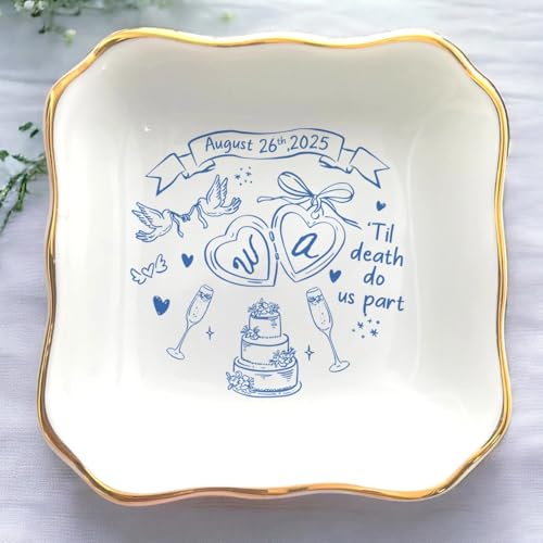 Anniversaree Personalized Ring Dish Engagement Gift, Engaged Ring Holder, Custom Wedding Jewelry Dish, Married Jewelry Tray Gifts for Newly Engaged Couple, Wedding Party Keepsake Gifts