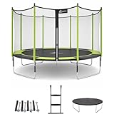KANGUI Trampoline de Jardin Ø 430 cm JUMPI Pop – Filet de Sécurité, Échelle PVC, Bâche & Kit d’Ancrage – Trampoline Extérieur Enfant – Noir et Vert