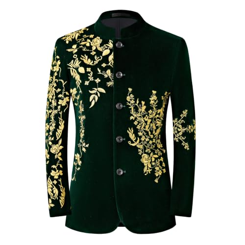 DAMANGUAN Men's Black Velvet Blazer with Gold Floral Embroidery, Slim Fit Suit Jacket for Wedding, Party, Banquet, Prom (US, Alpha, 3X-Large, Regular, Regular, Greenish Yellow) - image 1