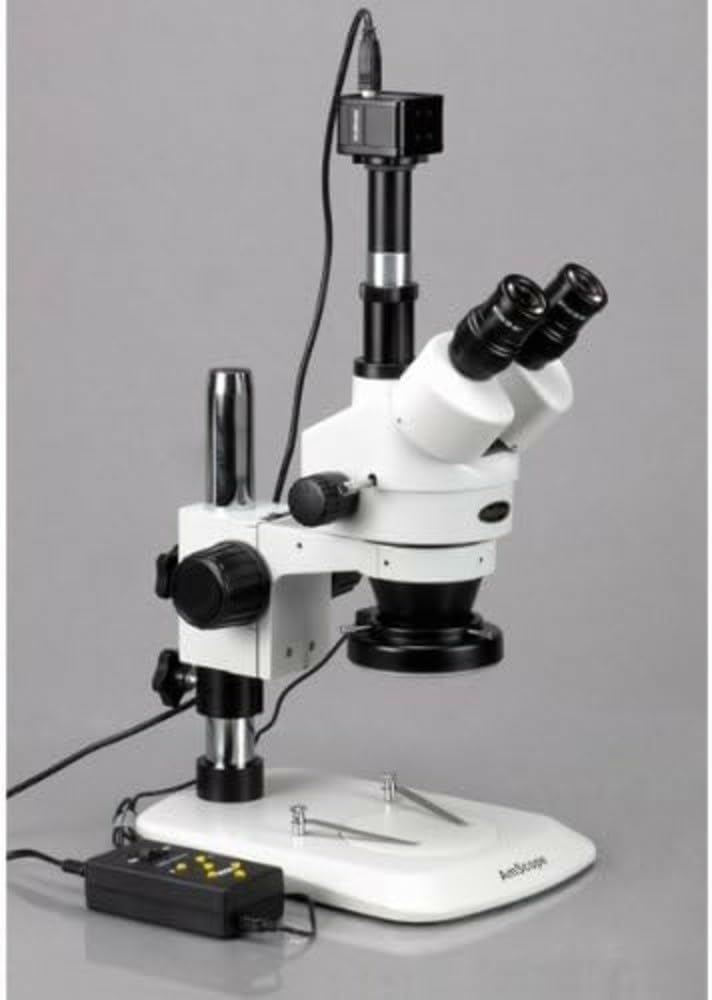 AmScope - Microscopio estéreo Zoom 3,5X-90X con cámara de 10MP + luz 4 Zonas 144 LED