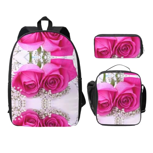 Sac à dos d'école léger avec trousse à crayons et boîte à déjeuner Noir Rose1