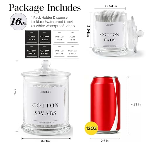 LEORAY-4-Pack-Glass-Qtip-Holder-Dispenser-with-Lids-Airtight-Waterproof-Apothecary-Jars-16-Oz-Vanity-Organizer-Bathroom-Canisters-for-Cotton-Swabs-Balls-Pads-Floss-Picks-Transparent