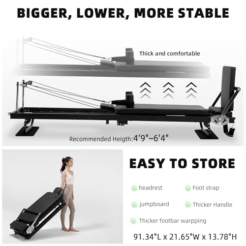 Pilates Reformer for Home Use,AMSINA Foldable Pilates Machine with Headrest & Jumpboard , Pilates Home Equipment with Foot Straps