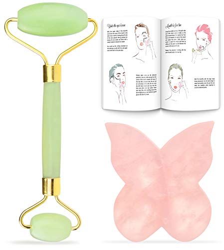 Jade Roller for Face - Rose Quartz Gua Sha Facial Massager Tool - Anti Aging Therapy 100% Natural