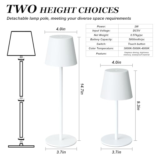 Image of Kakanuo White Cordless Table Lamp Rechargeable - 2 Pack 5000mAH Battery Operated Lamp for Table, 3 Color Stepless Dimming Wireless Lamp for Kitchen Counter, Touch Control