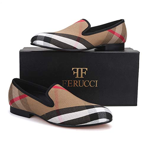 FERUCCI Plaid Khaki Fabric Slippers Loafers Flats Men Prom Wedding Casual Shoes3