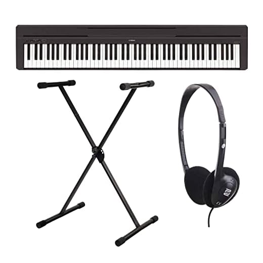 Yamaha P-45B - Pianoforte digitale, include cavalletto e cuffie (88 tasti, numero massimo di polifonia: 64 voci, 10 preset, 4 effetti di riverbero, 2 altoparlanti da 6 watt, auto power off, cavalletto incluso), colore: nero