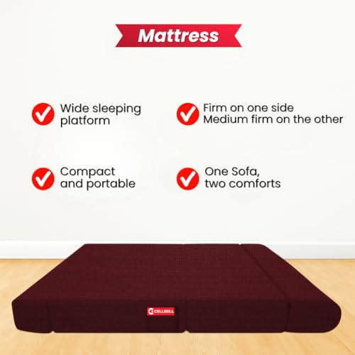 Image of CELLBELL Comfy Sofa Cum Bed 6x6.5 Feet | Foldable Dual Use Couch Bed with Soft Cushions, Washable Fabric Cover & Sturdy Frame | Space Saving Modern Design for Living Room, Bedroom Guest Use (Maroon)