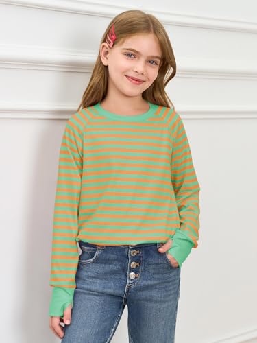 Image of Haloumoning Girls Striped Long Sleeve Shirts 5-14 Years | Thumb Hole, Crewneck, girls tops,Tunic Tops, Curved Hem Tees