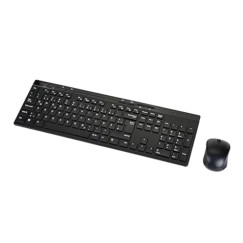 Amazon Basics Juego de teclado y ratón de tamaño completo, inalámbrico, receptor USB de 2,4 GHz, disposición DE, color negro