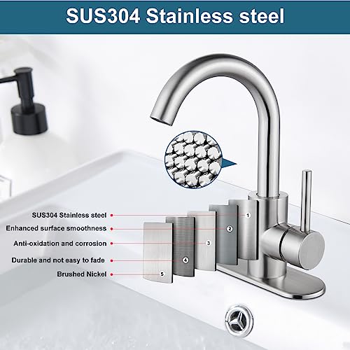 Midanya Brushed Nickel Single Handle Bathroom Sink Faucet, Wet Bar Pre-Kitchen Farmhouse Rv Small Vanity Faucet With 360°Rotation Spout With Deck Plate, Supply Hoses And Drain Stopper #TOP5