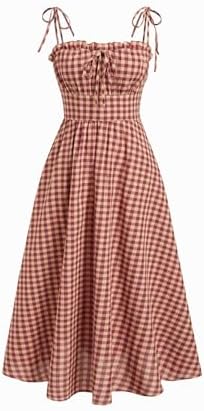 CIDER Women's Gingham Maxi Dresses Bow Tie Square Neck Plaid Milk...