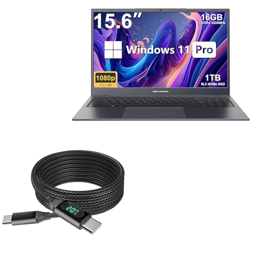 BoxWave Cable Compatible with ZENAERO BetaBook-N100 (15.6 in) - PowerDisplay PD Cable (6ft) - USB-C to USB-C (100W), LED Wattage Info Extra Long Braided Nylon - Jet Black