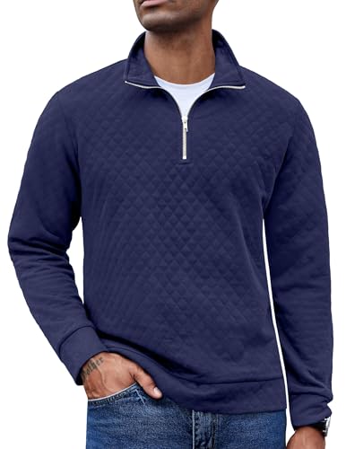 COOFANDY Men's 1/8 Zip Pullover Sweater Long Sleeve Jacquard Polo Sweatshirt Outdoor Stand Collar Hoodless Sweater Navy Blue
