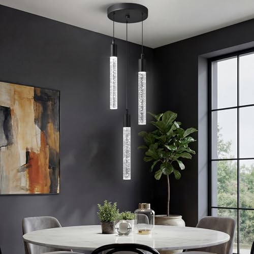 Image of Modern Light Fixture Kitchen Island Pendant Light Dimmable LED Black Pendant Lights Mini Crystal Pendant Lighting for Bedroom Dining Room Living Room（3-Light ）