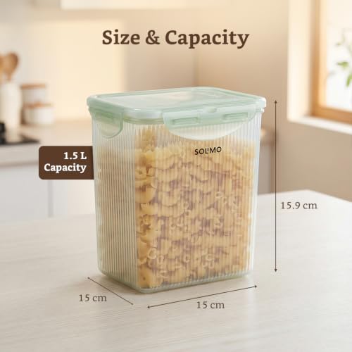 Image of Amazon Brand - Solimo Linea 4 Side Lock Airtight Plastic Storage Containers Food Grade Set of 4 (1.5L Each) | BPA-Free Durable Kitchen Storage | Stackable Pantry & Meal Prep Containers, Coral Green