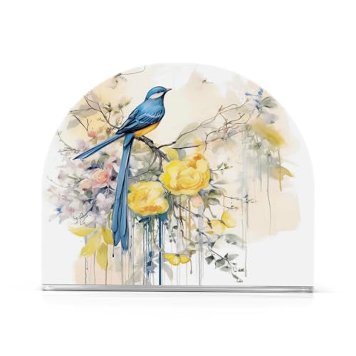 Spring Blue Bird Yellow Flowers Butterflies Napkin Holder for Tables Paper Cocktail Napkin Holders for Kitchen and Dinning, Acrylic Dinner Napkin Dispenser for Restaurant Home Decor Bar Accessories