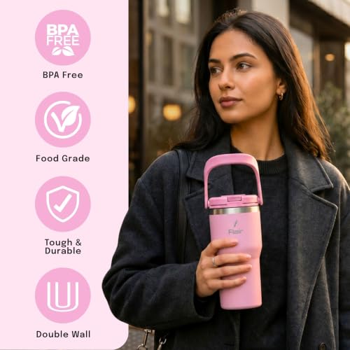 Image of FLAIR Rage Vacuum Insulated Coffee Tumbler 500 ml Pink | 2-in-1 Lid (Straw & Sip)| 304 Double Wall Stainless Steel | Leak-Proof Lid | Hot & Cold Travel Mug with Handle | BPA-Free