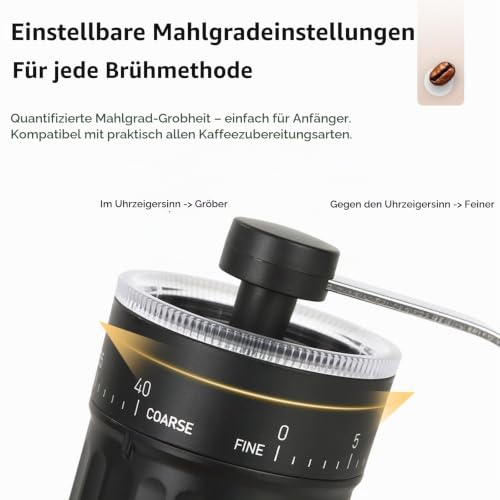 Manuelle Kaffeemühle, 40 einstellbaren Stufen, Tragbare Manuelle Handkaffeemühle, Camping, Büro, Espresso, Pour Over Und Mehr – Bild 3
