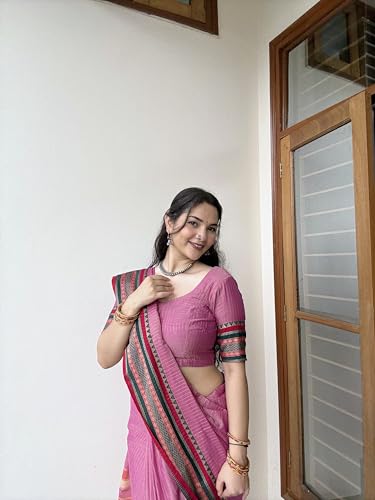 Image of DEVIKA TEXTILES Anuradha Pink Narayanpet Pure Cotton Saree | Comfortable & Stylish Saree for Women