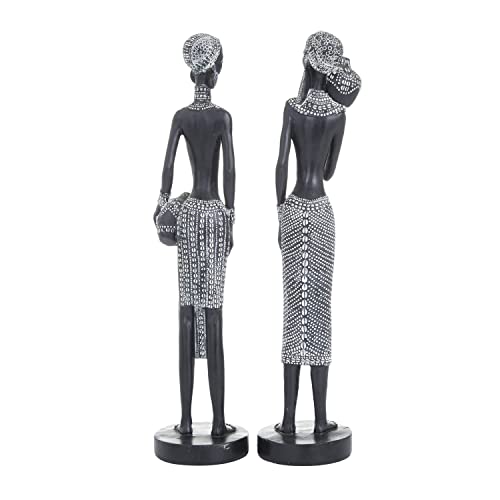 Deco 79 Polystone Woman Standing African Sculpture With Intricate Details, Set Of 2 3"W, 14"H, Black #TOP6