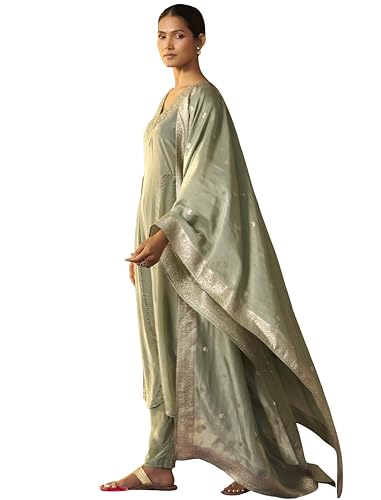 Pure Crepe Women's Regular Embroidered Straight Kurta Set with Ja...
