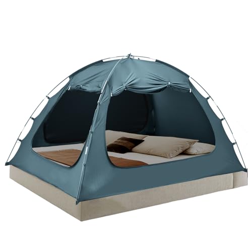 Meulbaty Bed Tent for Full Size Bed, 3-Door Canopy with 80% Blackout & Breathable Mesh, Portable Private Sleeping Tent for Adults, Kids - Easy Setup Bedroom Privacy & Nap Space (Lake Blue)