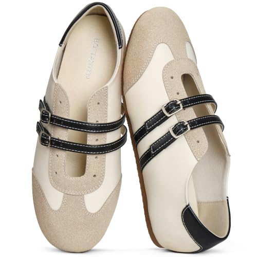 Image of BOSTANTEN Ballet Sneakers Mary Jane Flats for Women, Retro Trainer Style | Cute Retro and Y2k Style, Double Adjustable Straps, Lightweight Flexible Sole, Soft Suede Round Toe, Breathable Lining