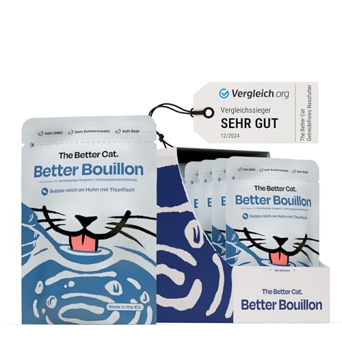 The Better Cat Better Bouillon Katzensuppe Huhn mit Thunfisch - getreidefrei mit Präbiotika & Probiotika, Flüssignahrung zur Hydration, 14 x 50g (Huhn & Thunfisch)