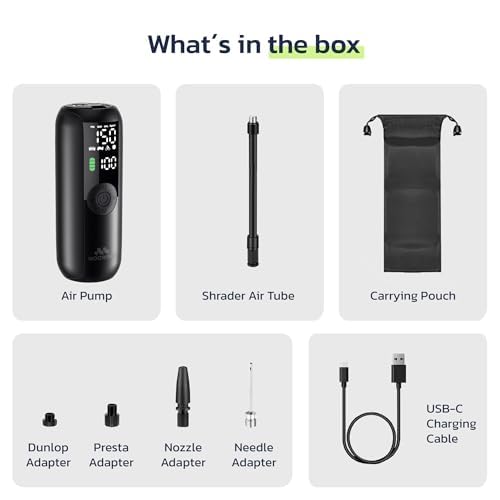 Woowind Portable Tire Inflator for Car, Bike Pump, Portable Air Compressor, 1 Minute Inflation, 150PSI Air Pump for Car Tires, Bikes, Motorcycles, Balls - with Digital Pressure Gauge