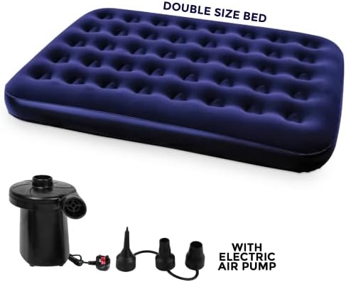 Denny International® Double Inflatable Flocked Air Bed Camping Mattress with Free Electric Air Pump