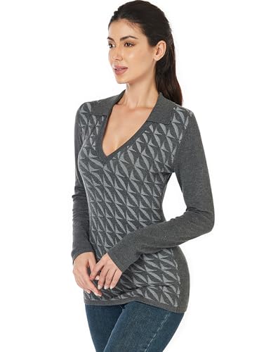 Image of AmelieBoutik Women Collar Deep V Neck Knit Plaid Front Houndstooth Long Sleeve Sweater Top
