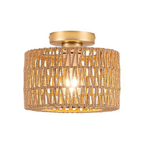 Rattan Ceiling Light, 1 Light Bohemian Modern Woven Flush Mount Ceiling Light, Boho Light Fixture for Bedroom Living Room Dining Room, Gold Finish