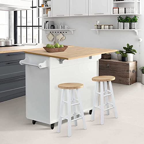 Kitchen Island with Storage, White Kitchen Cart with seating with Drop Leaf, Kitchen Island on Wheels with 2 Doors and 3 Drawers, Kitchen Island Cart with Spice Rack, Towel Rack and Wood Table Top