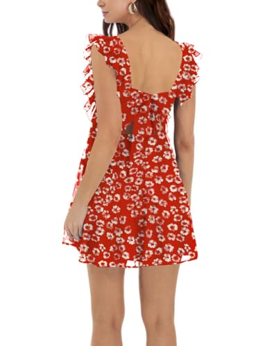 Image of Women's Summer Square Neck Tie Back Ruffle Sleeve Tiered Casual A-Line Short Mini Dress