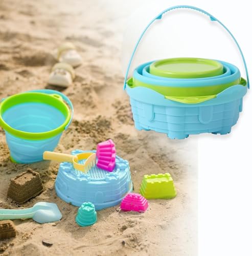 8 PCS Kids Collapsible Bucket Beach Sand Toys Sensory Playset, Portable Sandbox Digging Toys Including Pail, Shovel, Rake, 2 in 1 Shell Shark Tooth Sifter & Castle Building Sand Molds Set for Children